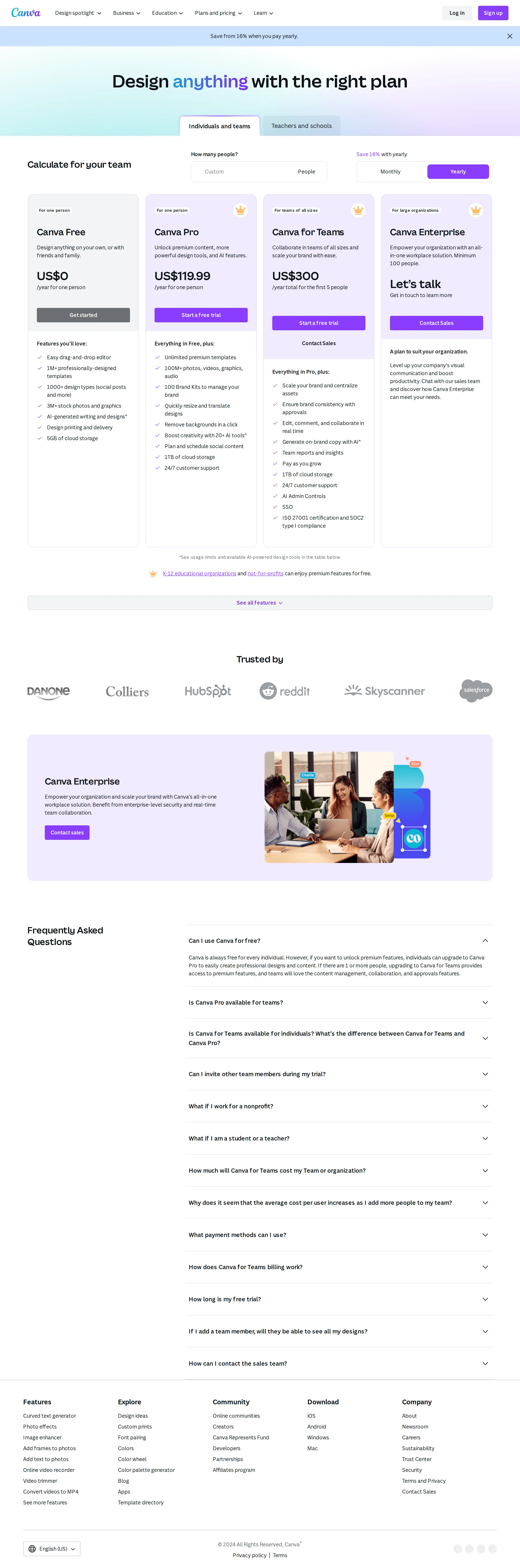 Canva for Teams as US$300/yr flat for first 5 people - Pre-hike structure: Free US$0, Pro US$119.99/yr (now framed for one person), Can